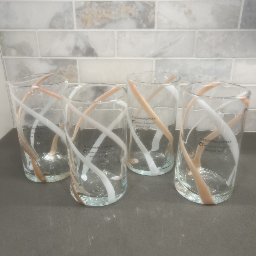 Set of 4 Murano Alessandro Coppola Peach Swirled  5.75" Indented Glasses